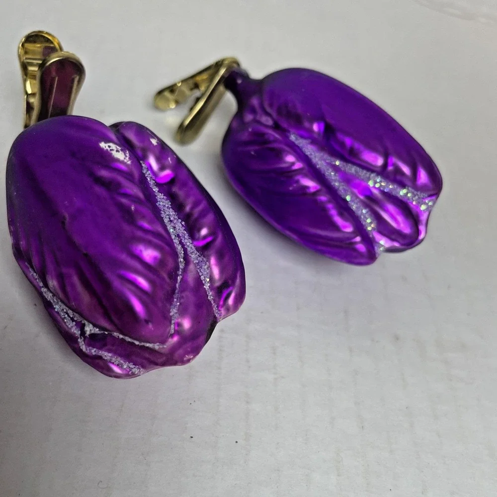 VTG. 2 Clip On Purple Roses with Glitter Blown Glass Ornaments Made in Germany